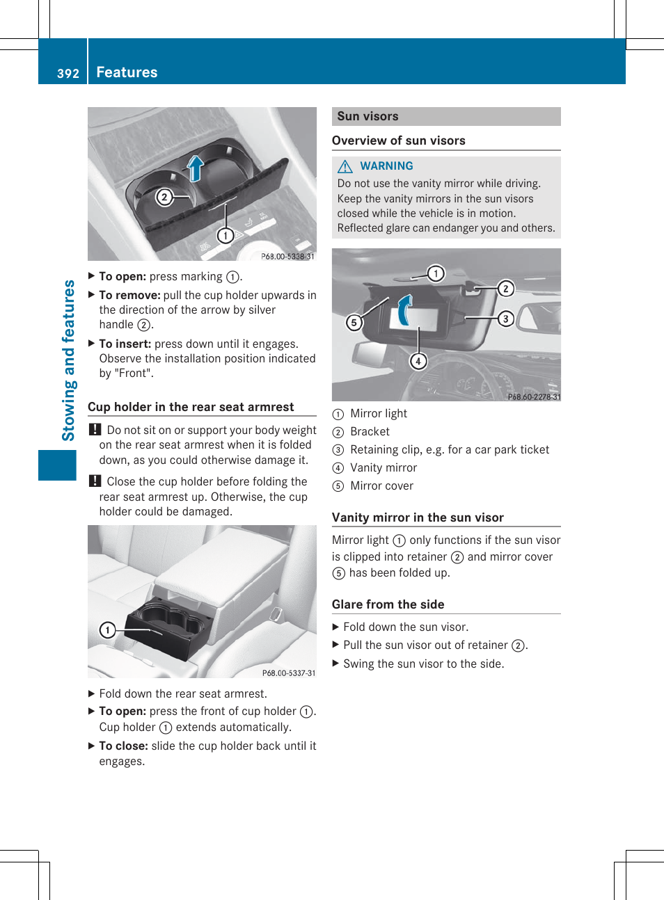 Sun visors, Stowing and features, Features | Mercedes-Benz CL-Class 2012 User Manual | Page 394 / 488