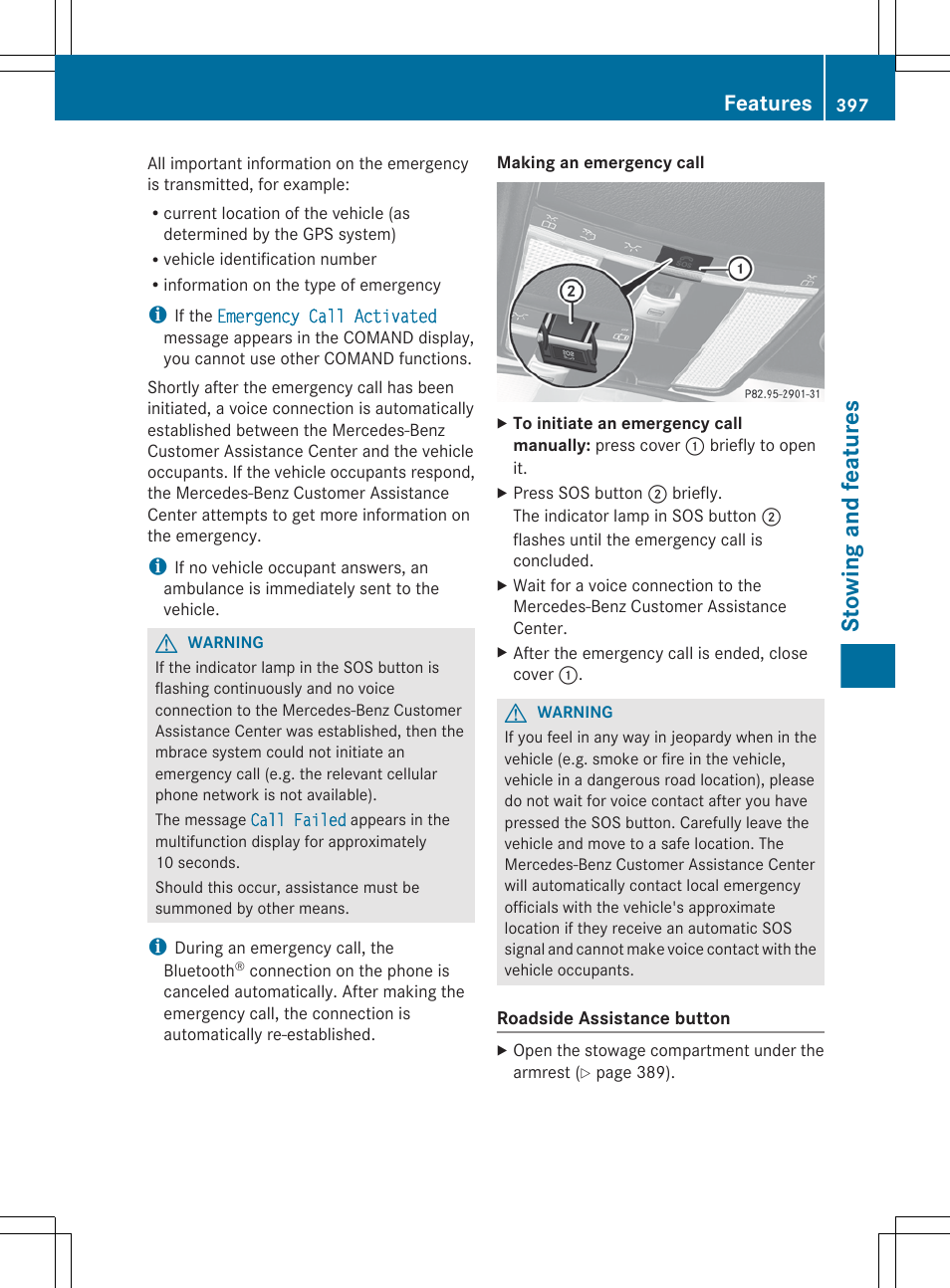 Stowing and features, Features | Mercedes-Benz CL-Class 2012 User Manual | Page 399 / 488