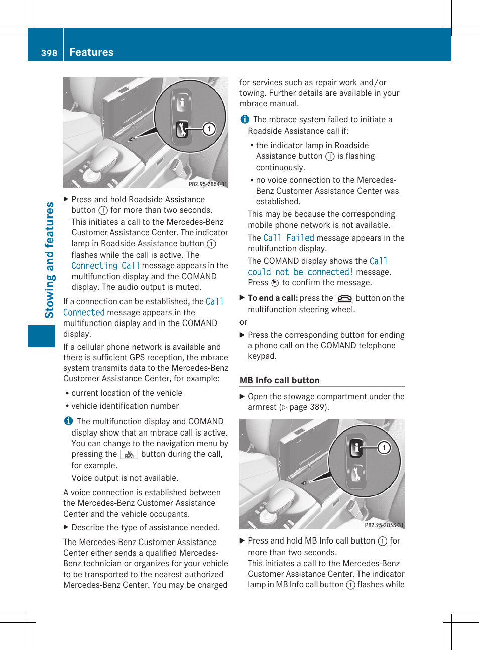 Call button are located, Stowing and features, Features | Mercedes-Benz CL-Class 2012 User Manual | Page 400 / 488