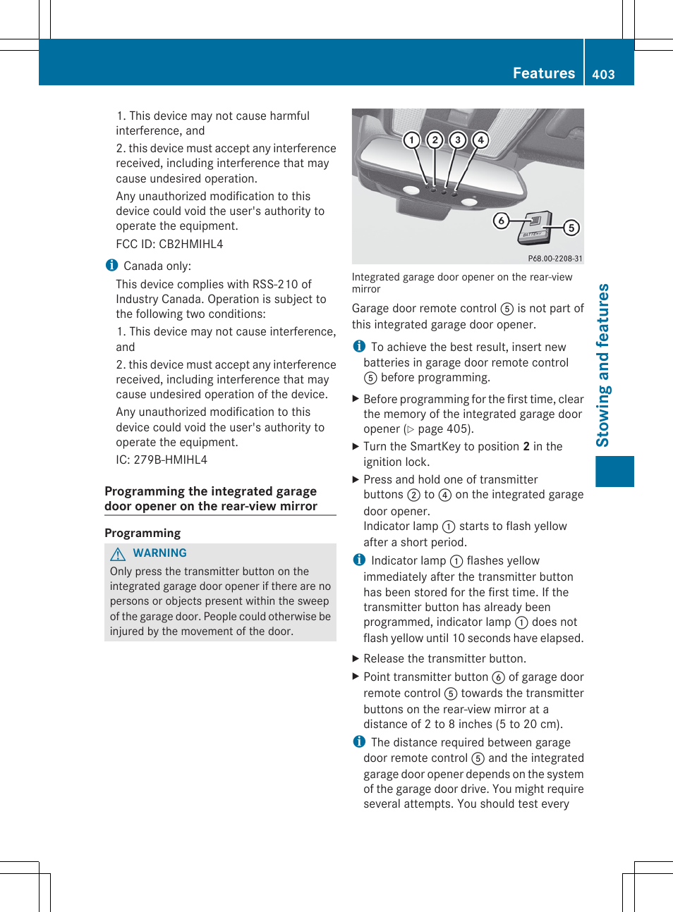 Stowing and features, Features | Mercedes-Benz CL-Class 2012 User Manual | Page 405 / 488