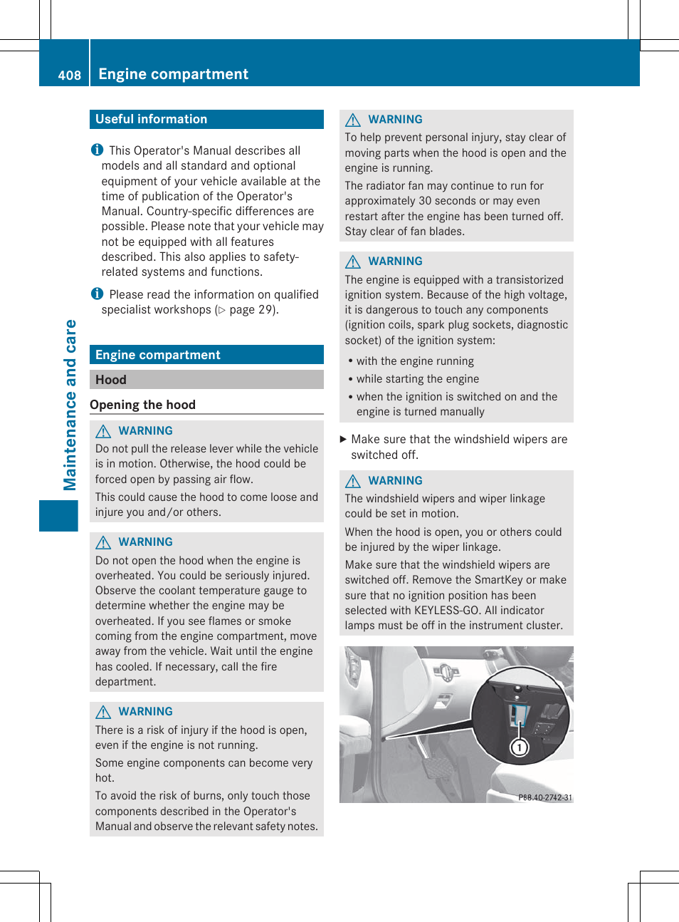 Maintenance and care, Useful information, Engine compartment | Hood | Mercedes-Benz CL-Class 2012 User Manual | Page 410 / 488