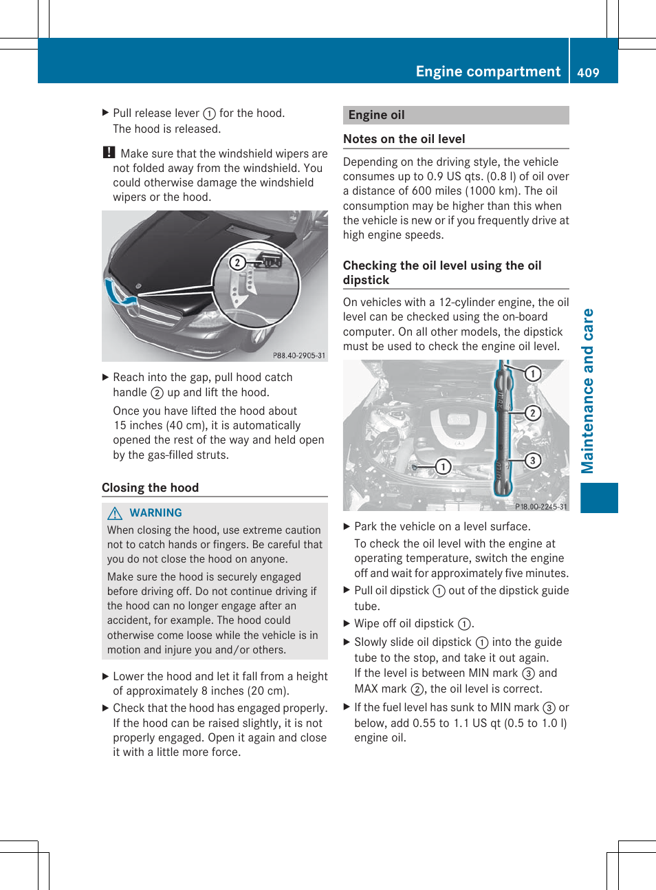 Engine oil, Oil level check, Check the oil level | Maintenance and care, Engine compartment | Mercedes-Benz CL-Class 2012 User Manual | Page 411 / 488