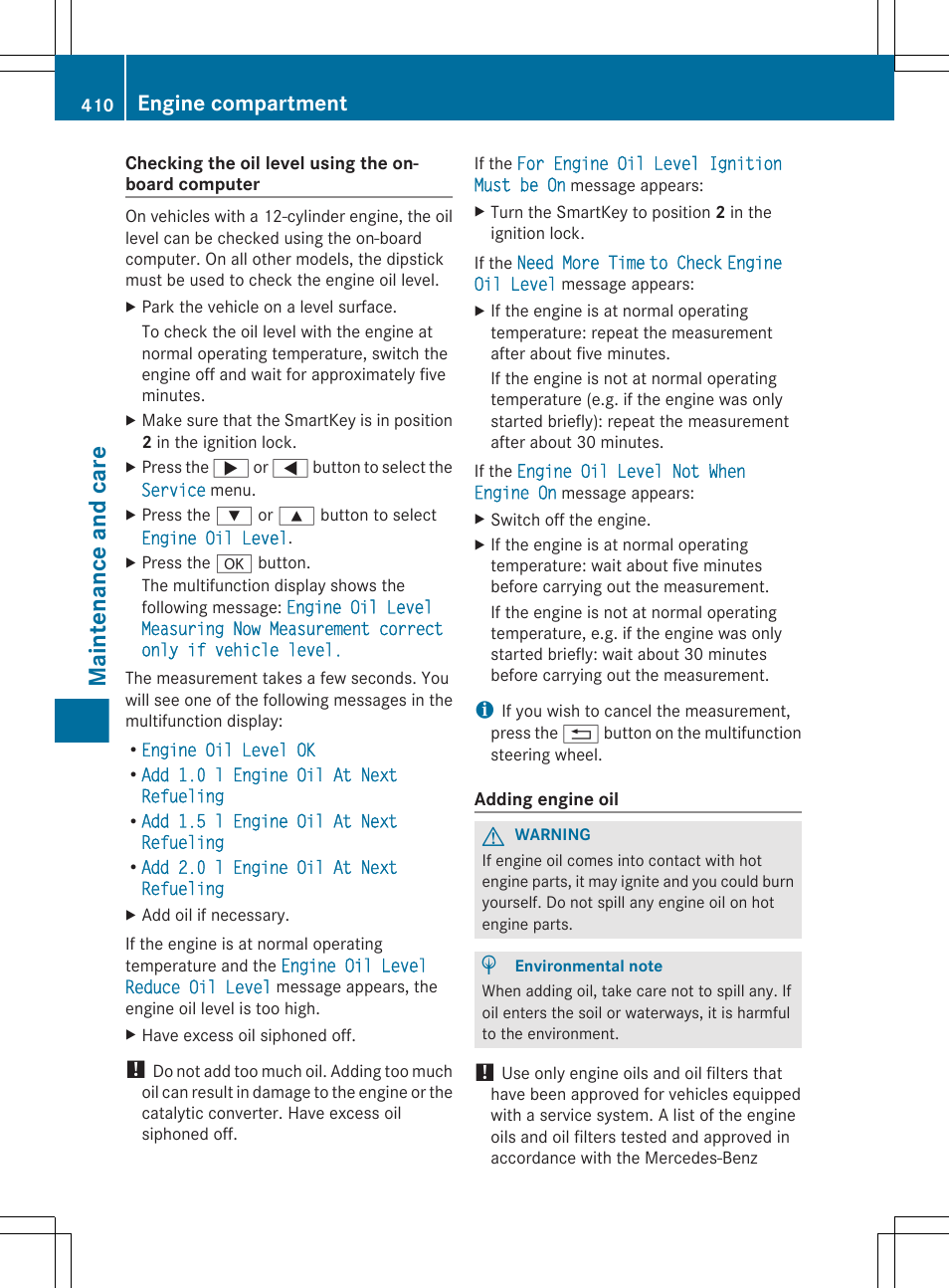 Add engine oil, Maintenance and care, Engine compartment | Mercedes-Benz CL-Class 2012 User Manual | Page 412 / 488