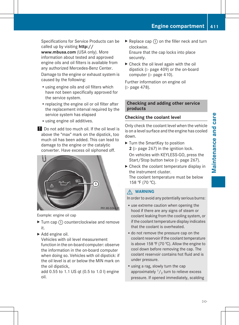 Checking and adding other service products, Check the coolant level, Maintenance and care | Engine compartment | Mercedes-Benz CL-Class 2012 User Manual | Page 413 / 488