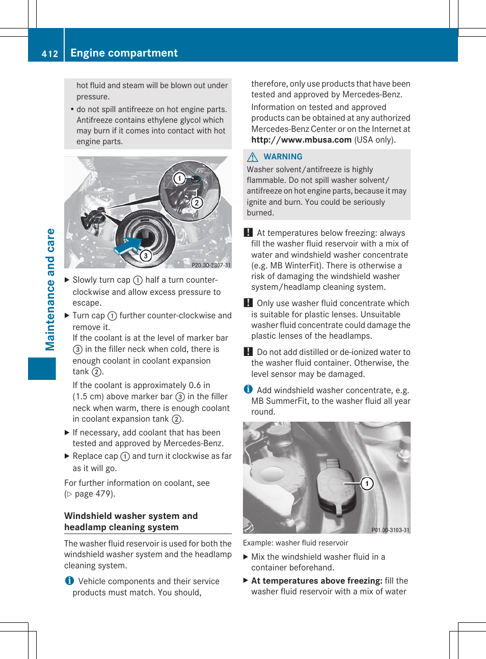 Maintenance and care, Engine compartment | Mercedes-Benz CL-Class 2012 User Manual | Page 414 / 488