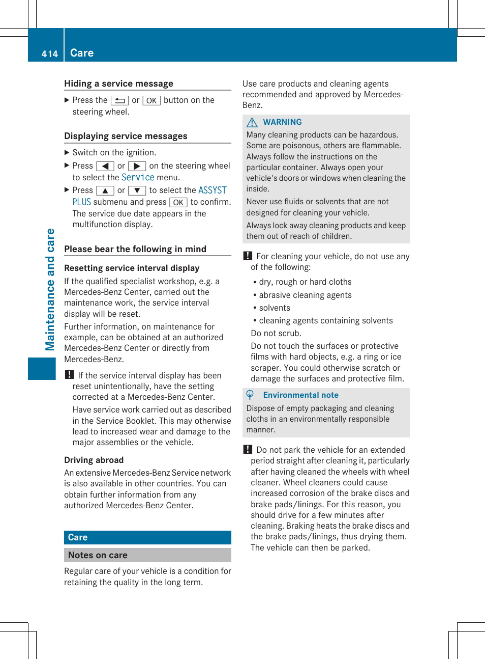 Care, Notes on care, Maintenance and care | Mercedes-Benz CL-Class 2012 User Manual | Page 416 / 488