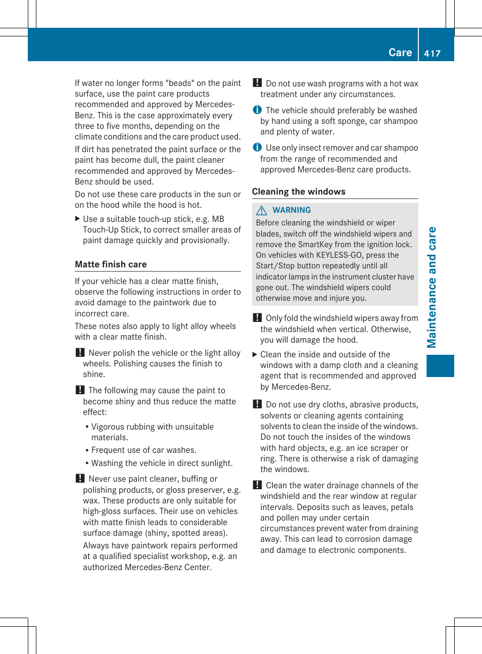 And clean the windshield, Clean the windshield, Maintenance and care | Care | Mercedes-Benz CL-Class 2012 User Manual | Page 419 / 488