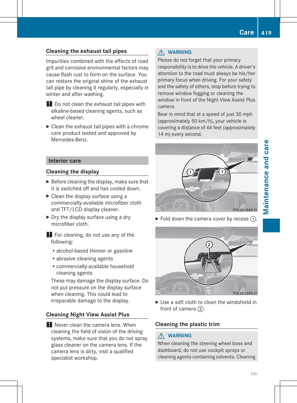 Interior care, Down the camera cover, Fold down the camera cover | Maintenance and care, Care | Mercedes-Benz CL-Class 2012 User Manual | Page 421 / 488