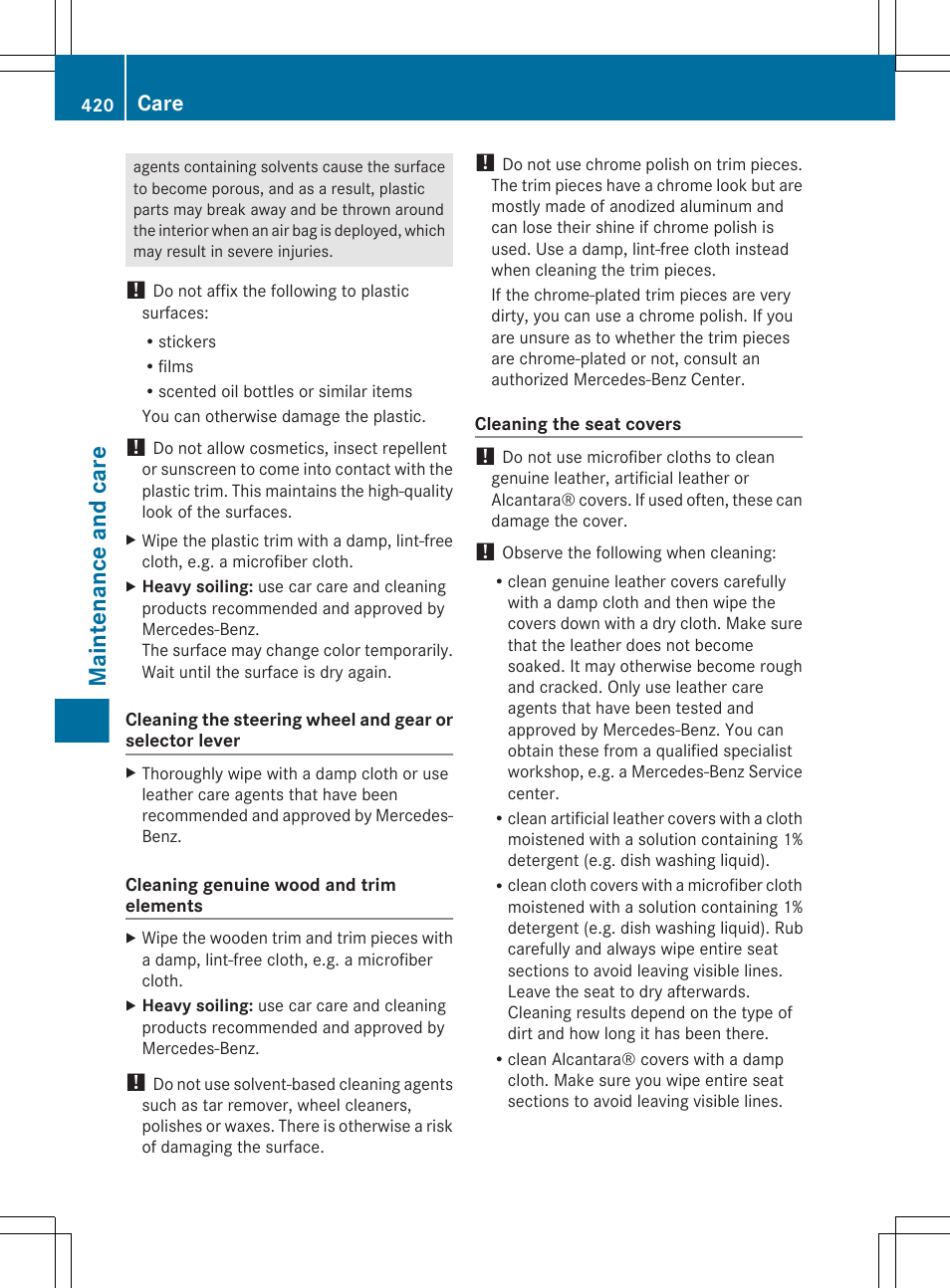 Maintenance and care, Care | Mercedes-Benz CL-Class 2012 User Manual | Page 422 / 488