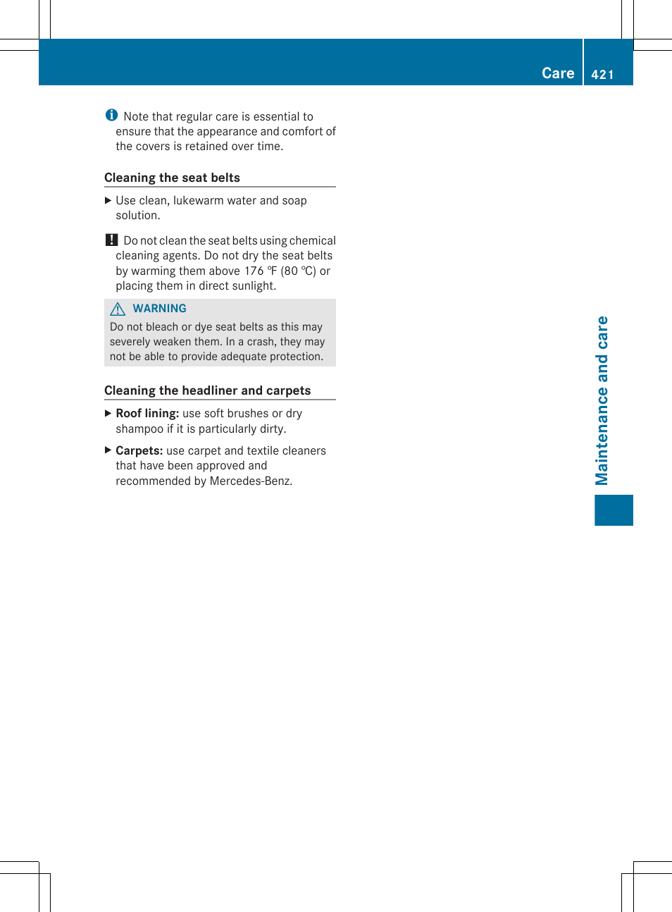 Maintenance and care, Care | Mercedes-Benz CL-Class 2012 User Manual | Page 423 / 488