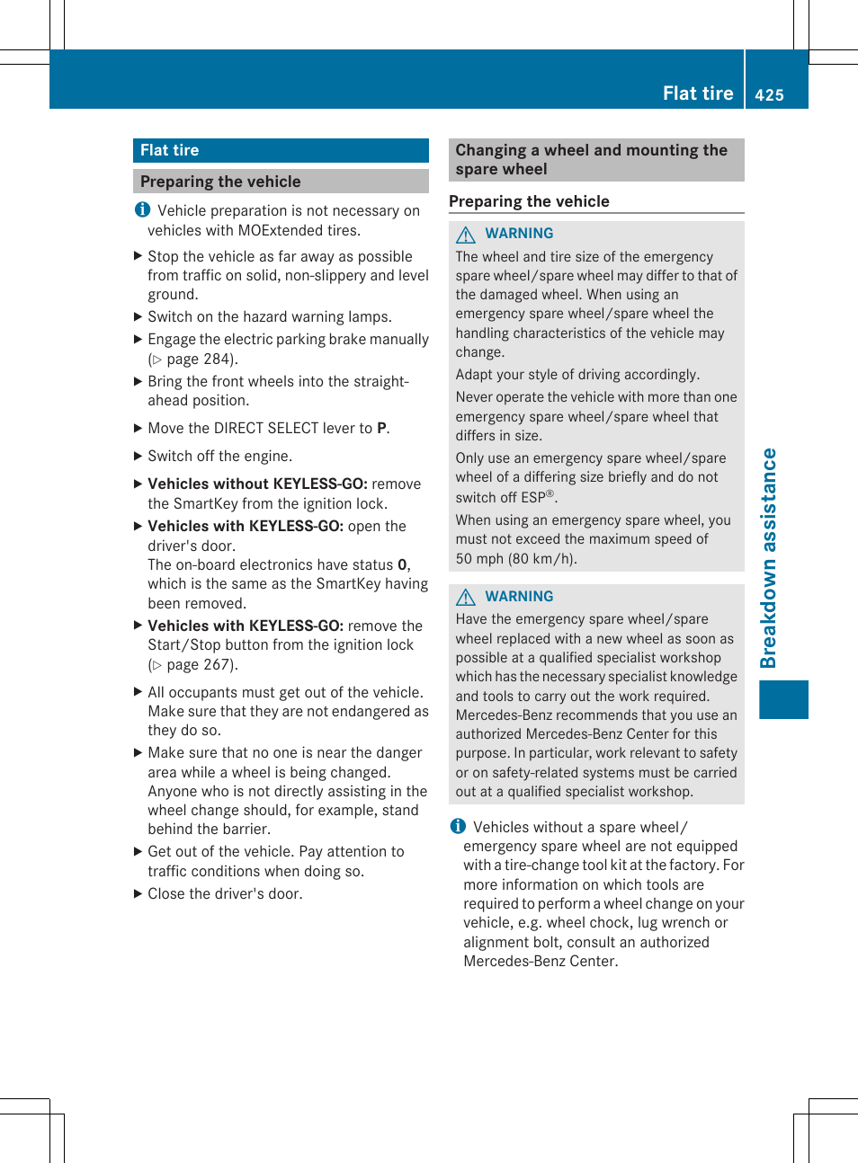 Flat tire, Preparing the vehicle, Changing a wheel and mounting the spare wheel | Breakdown assistance | Mercedes-Benz CL-Class 2012 User Manual | Page 427 / 488