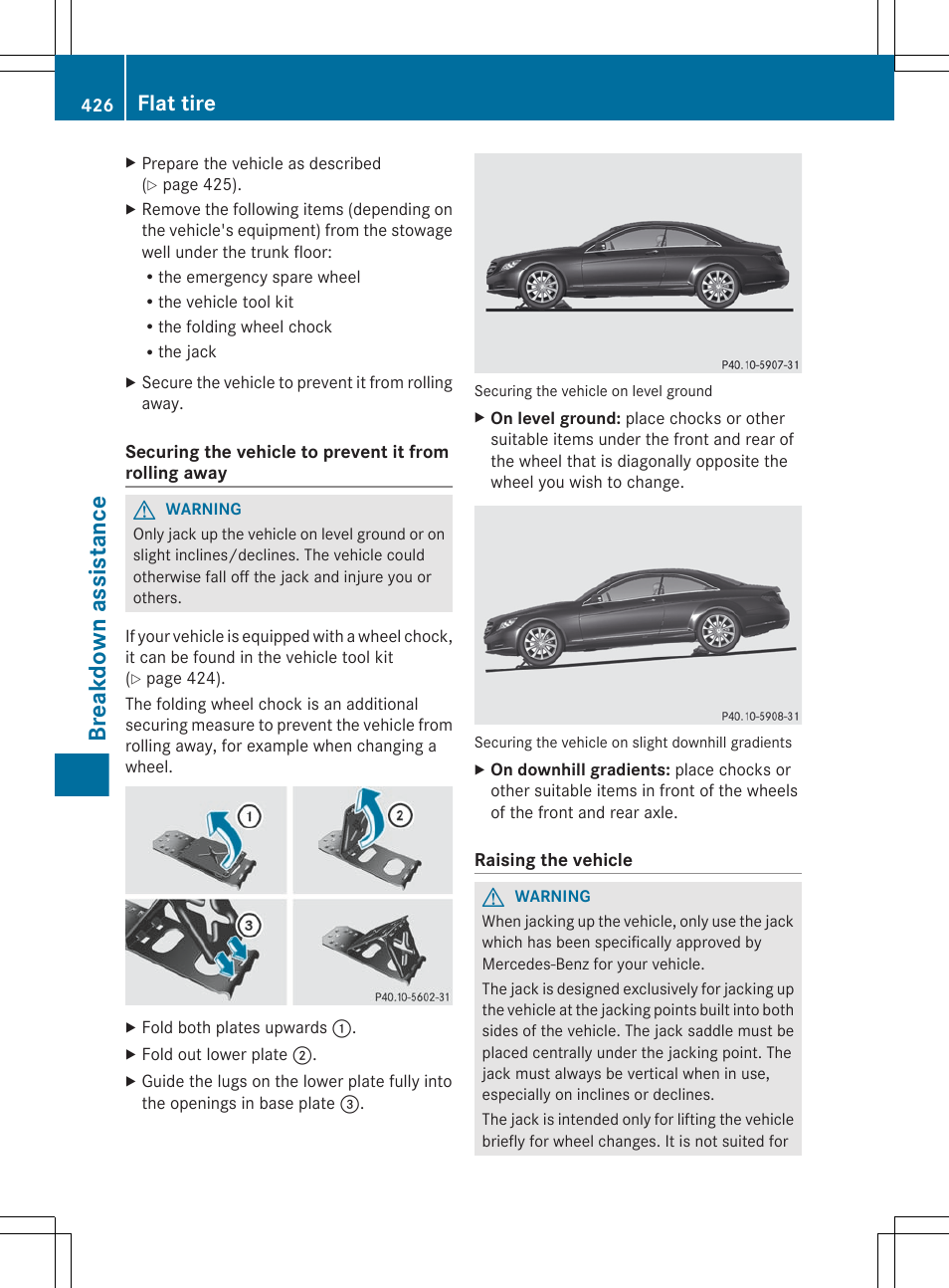 Chock, Breakdown assistance, Flat tire | Mercedes-Benz CL-Class 2012 User Manual | Page 428 / 488