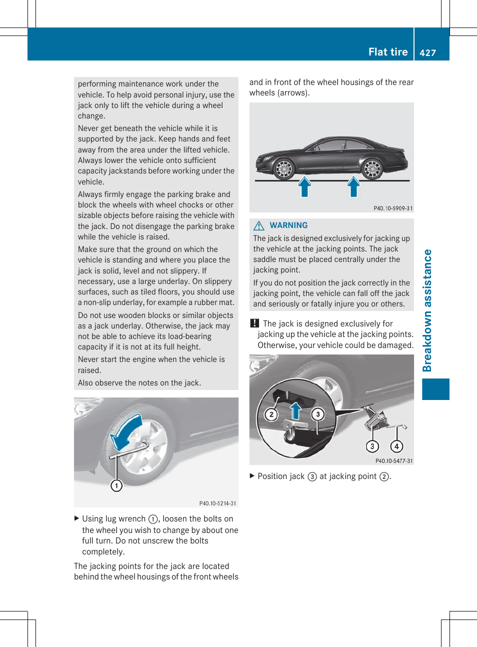 Breakdown assistance, Flat tire | Mercedes-Benz CL-Class 2012 User Manual | Page 429 / 488