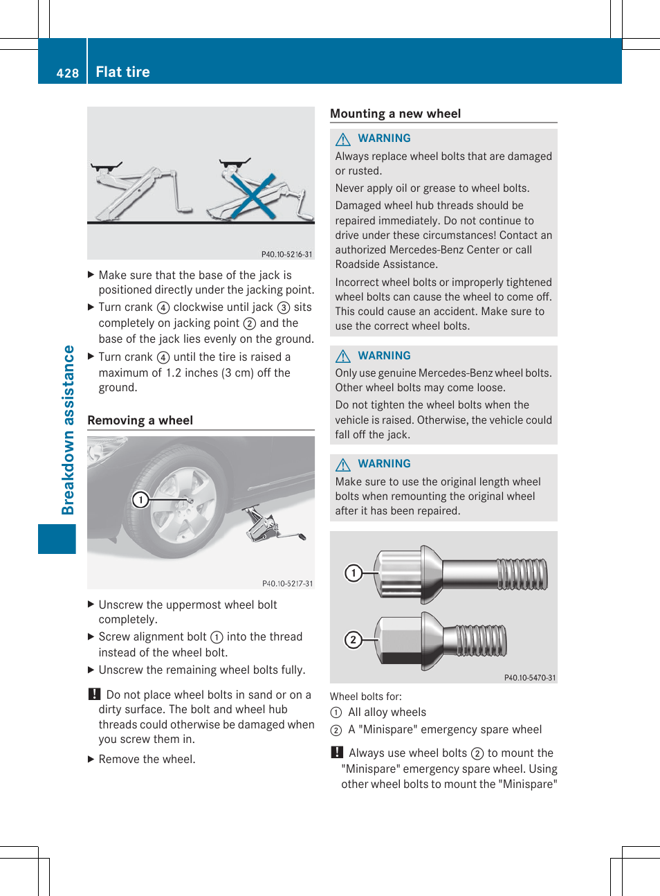 Breakdown assistance, Flat tire | Mercedes-Benz CL-Class 2012 User Manual | Page 430 / 488