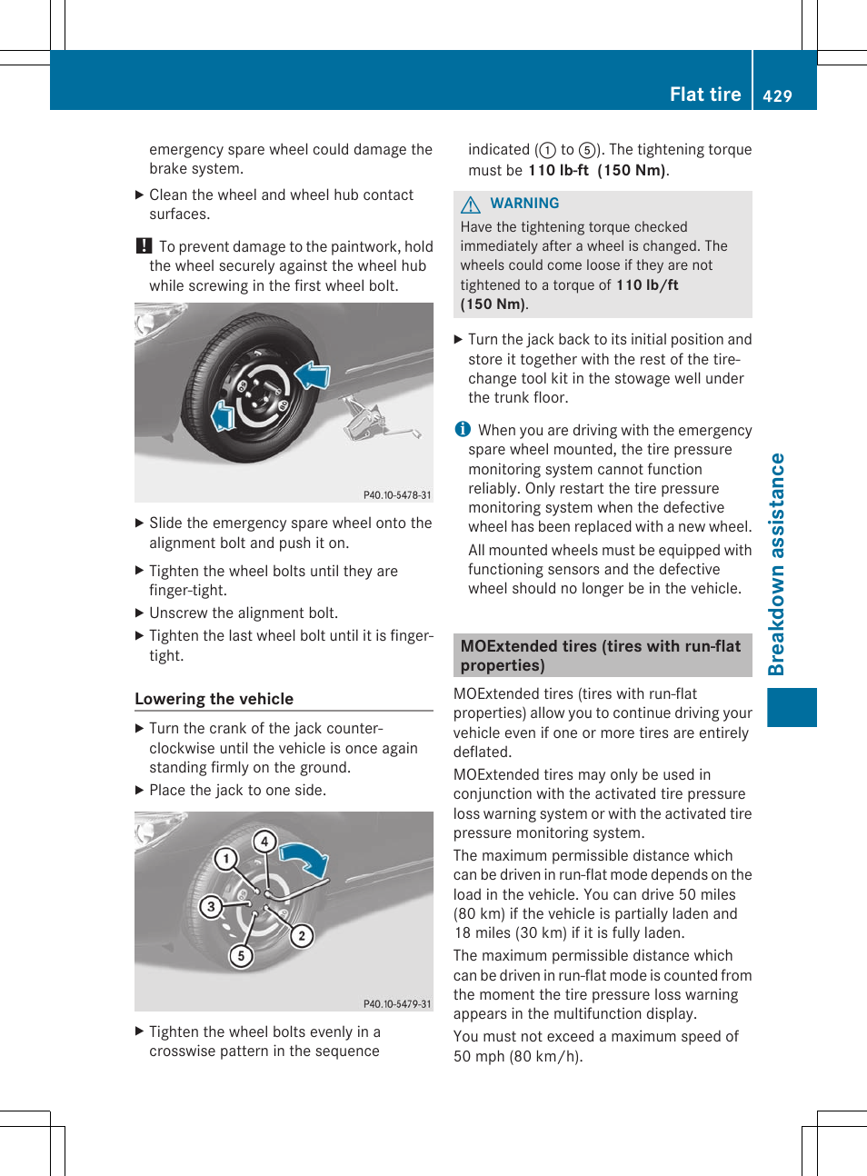 Moextended tires (tires with run-flat properties), Breakdown assistance, Flat tire | Mercedes-Benz CL-Class 2012 User Manual | Page 431 / 488