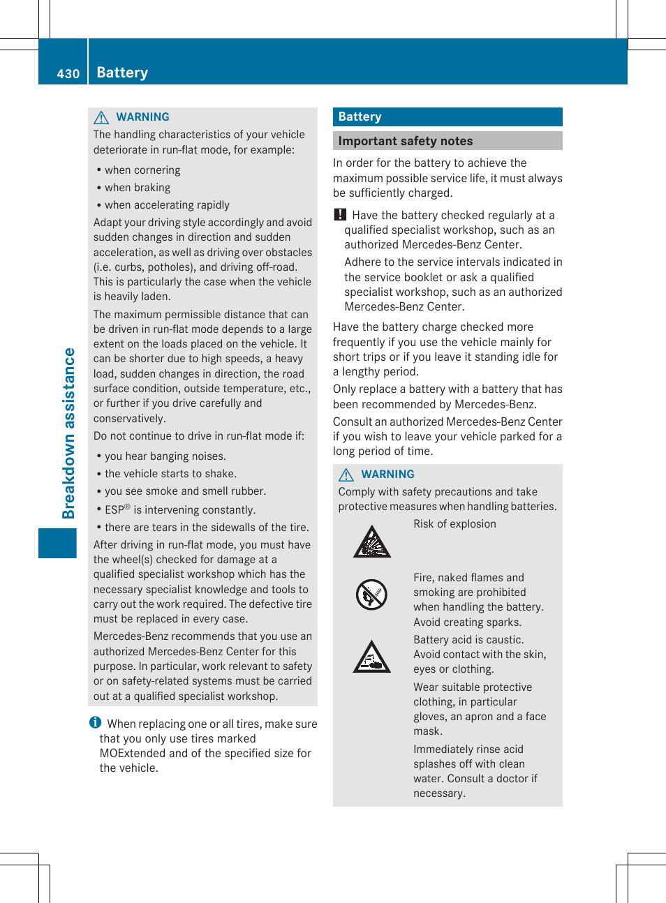 Battery, Important safety notes, Breakdown assistance | Mercedes-Benz CL-Class 2012 User Manual | Page 432 / 488