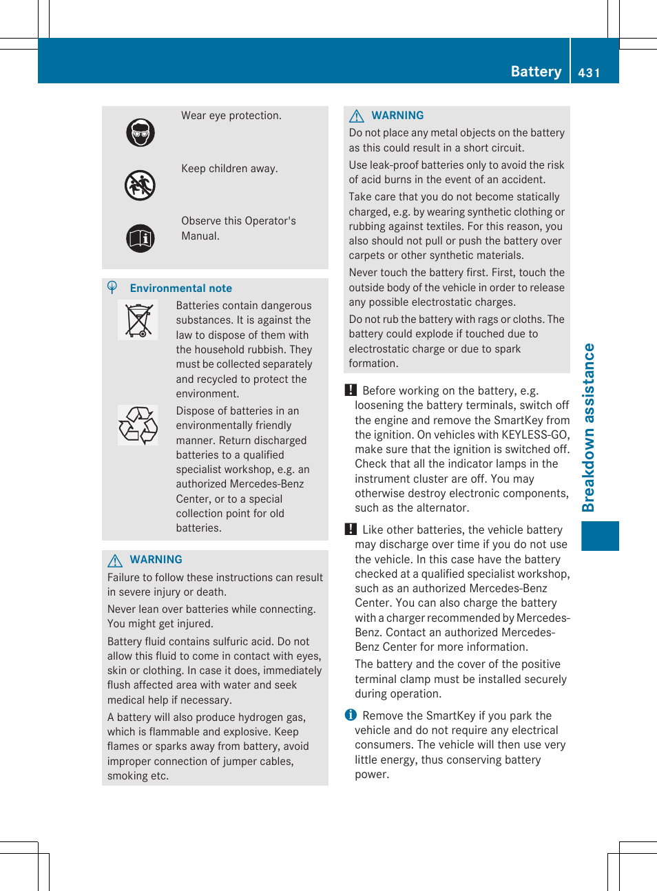 Breakdown assistance, Battery | Mercedes-Benz CL-Class 2012 User Manual | Page 433 / 488