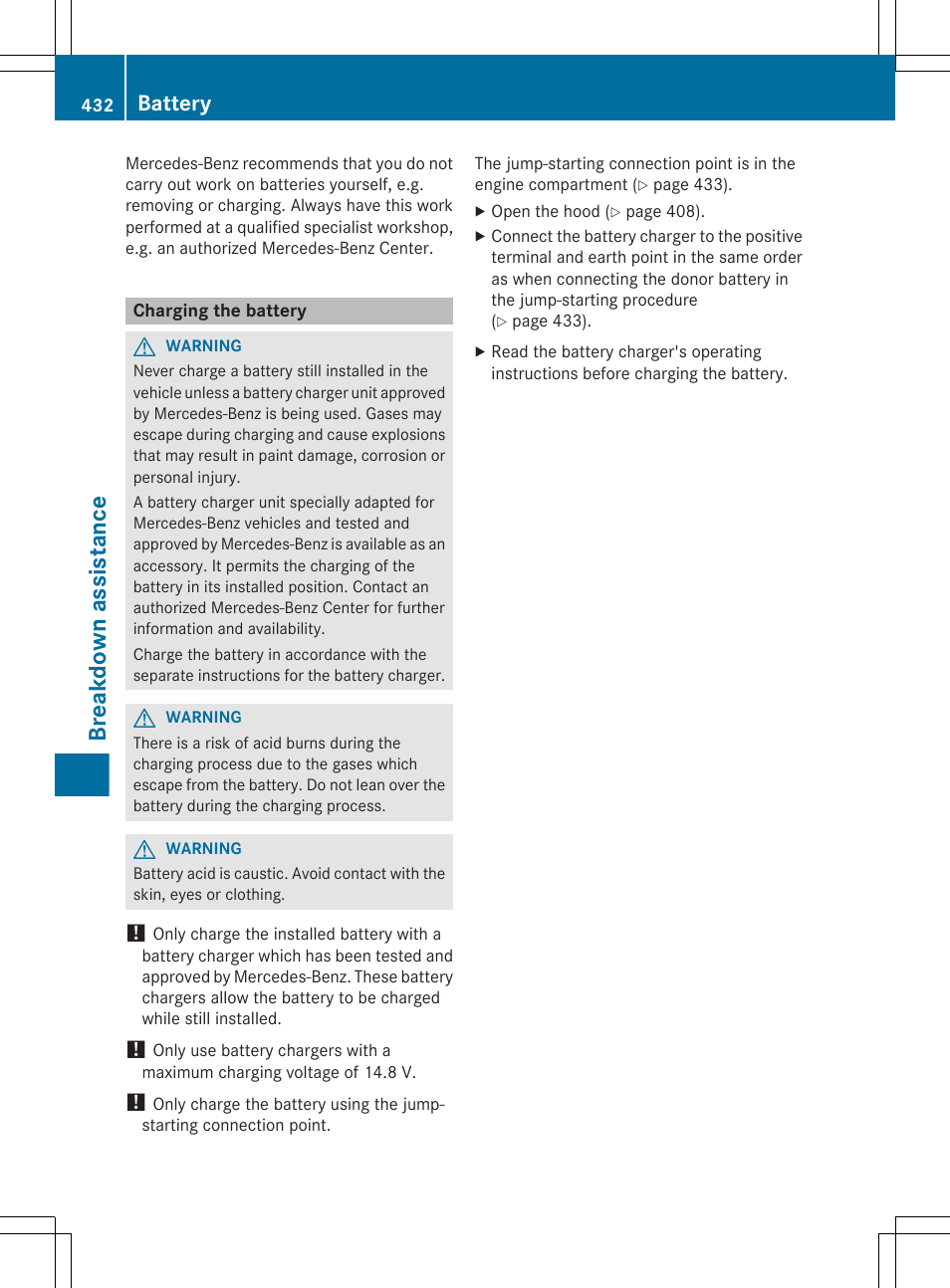 Charging the battery, Breakdown assistance, Battery | Mercedes-Benz CL-Class 2012 User Manual | Page 434 / 488