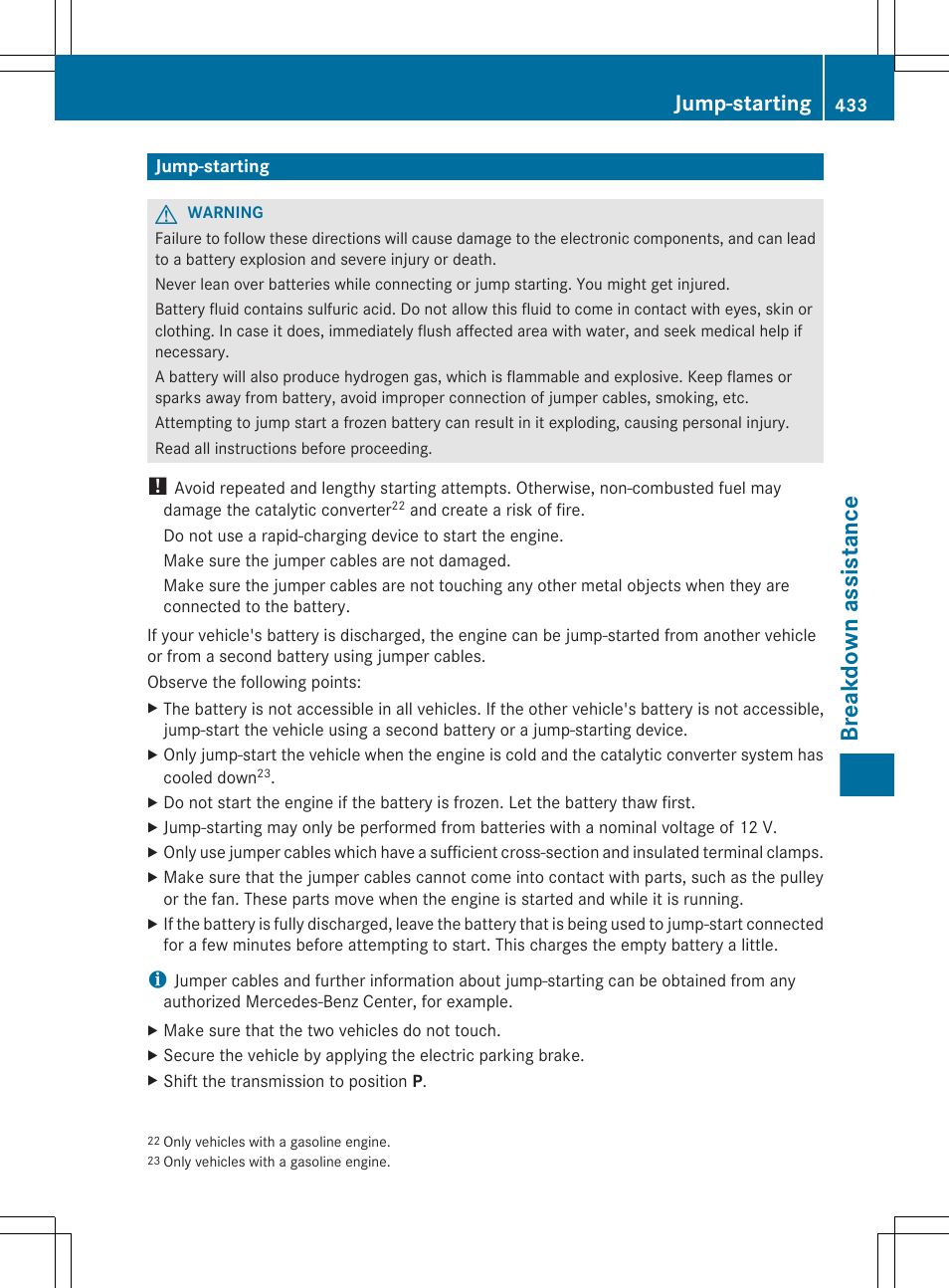 Jump-starting, Jump-start the vehicle, Engine compartment | Breakdown assistance | Mercedes-Benz CL-Class 2012 User Manual | Page 435 / 488