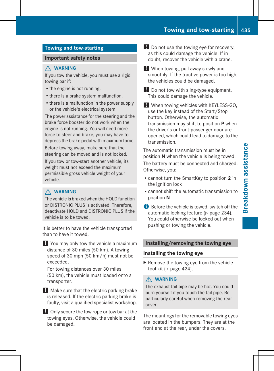 Towing and tow-starting, Important safety notes, Installing/removing the towing eye | Breakdown assistance | Mercedes-Benz CL-Class 2012 User Manual | Page 437 / 488