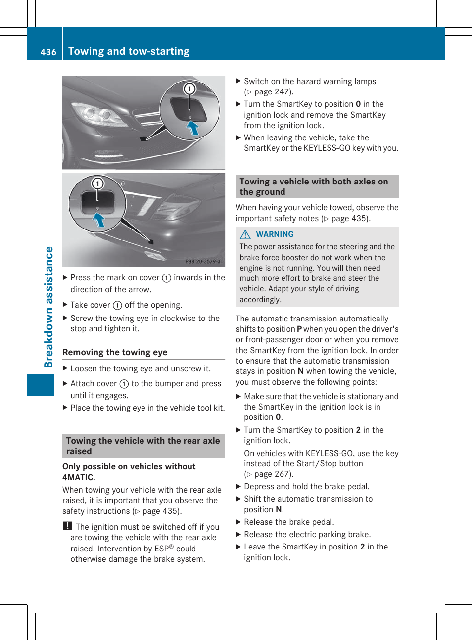 Towing the vehicle with the rear axle raised, Towing a vehicle with both axles on the ground, Breakdown assistance | Towing and tow-starting | Mercedes-Benz CL-Class 2012 User Manual | Page 438 / 488