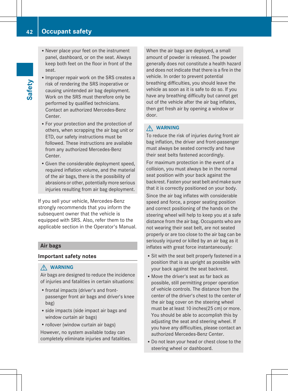Air bags, Safety, Occupant safety | Mercedes-Benz CL-Class 2012 User Manual | Page 44 / 488