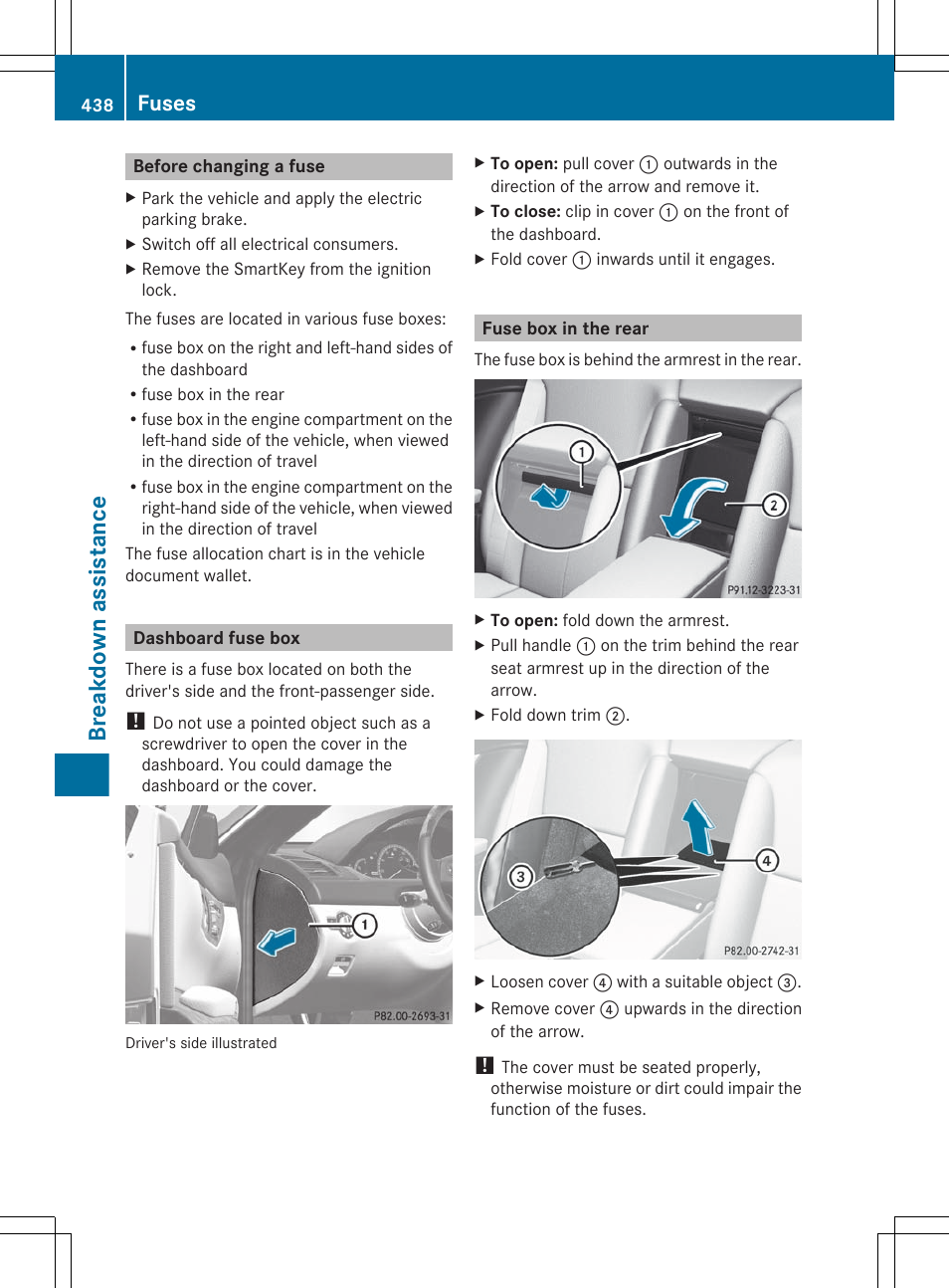 Before changing a fuse, Dashboard fuse box, Fuse box in the rear | Breakdown assistance, Fuses | Mercedes-Benz CL-Class 2012 User Manual | Page 440 / 488