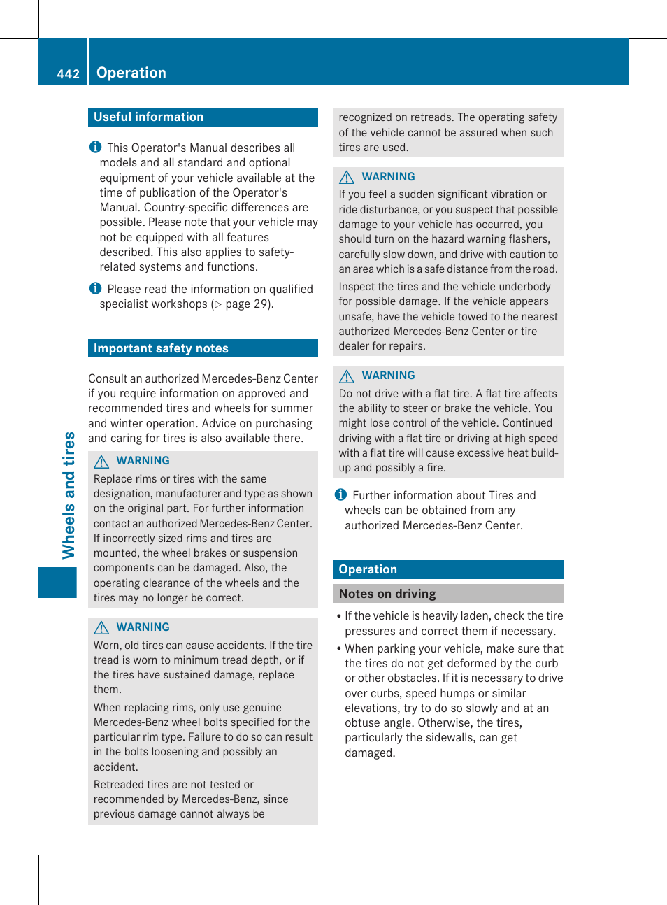 Wheels and tires, Useful information, Important safety notes | Operation, Notes on driving | Mercedes-Benz CL-Class 2012 User Manual | Page 444 / 488