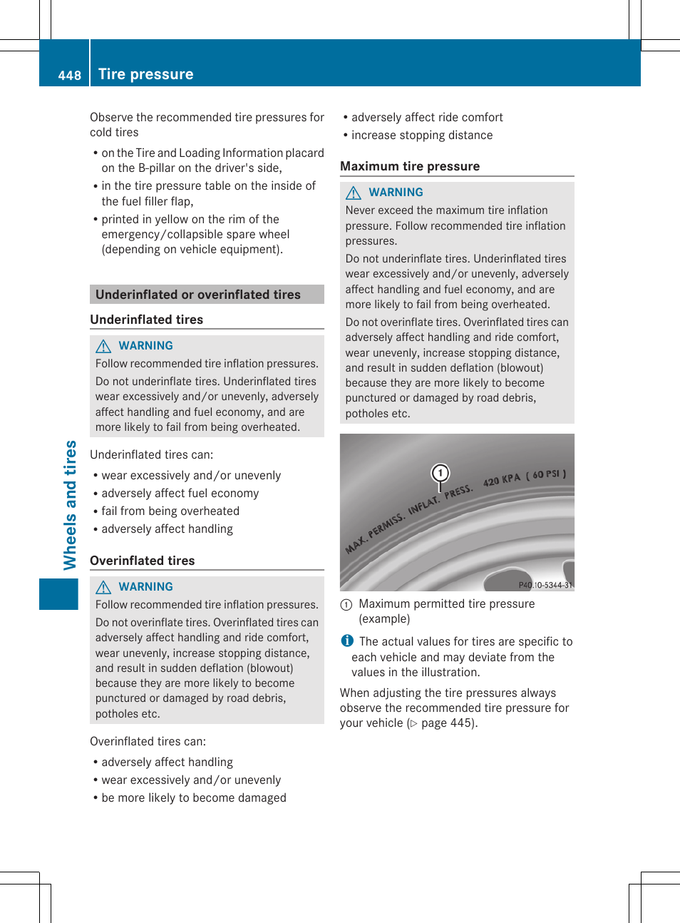 Underinflated or overinflated tires, Wheels and tires, Tire pressure | Mercedes-Benz CL-Class 2012 User Manual | Page 450 / 488