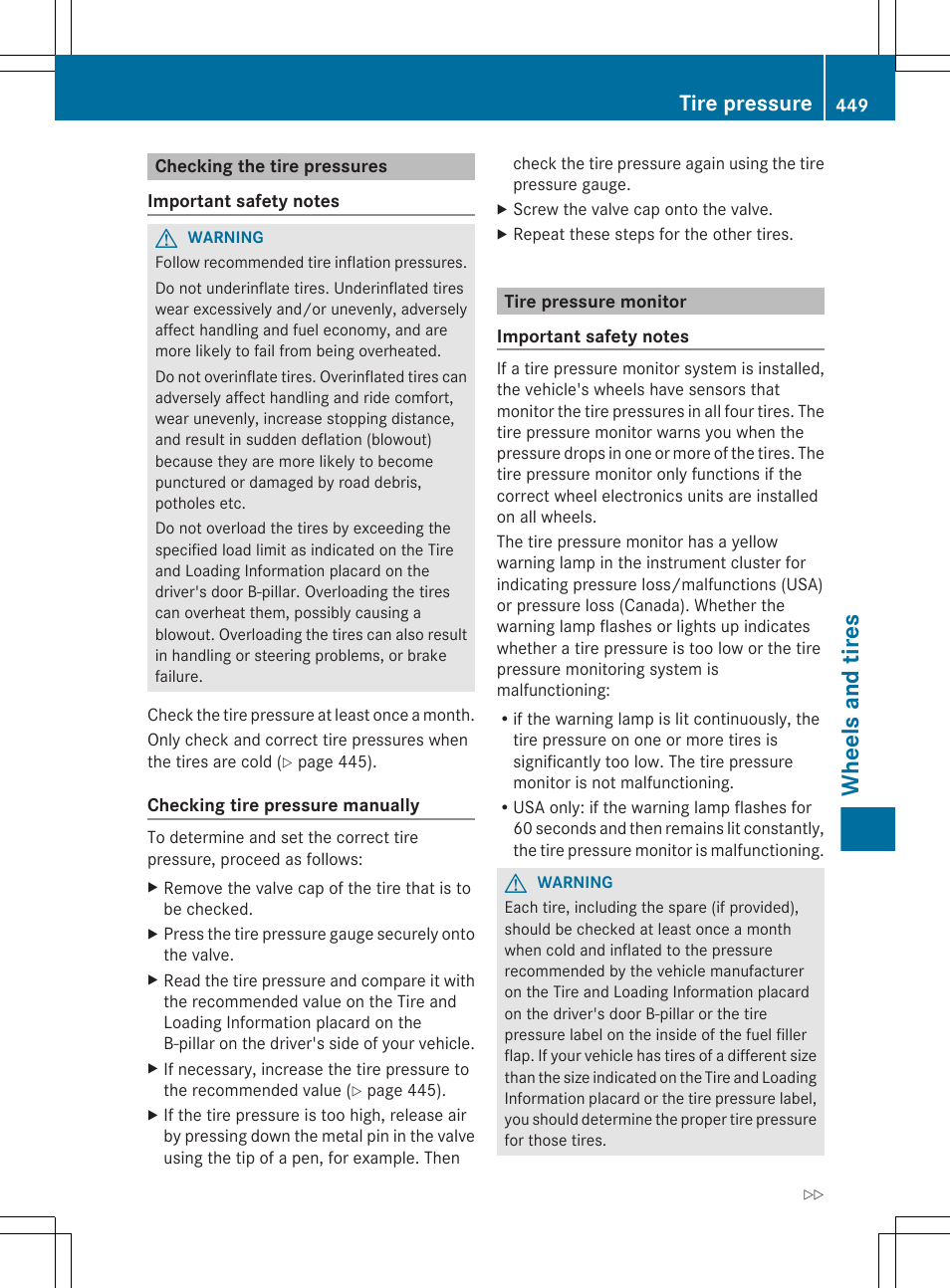 Checking the tire pressures, Tire pressure monitor, Checks the tire pressure electronically | Correct the tire pressure, Check the tire pressures, Wheels and tires, Tire pressure | Mercedes-Benz CL-Class 2012 User Manual | Page 451 / 488