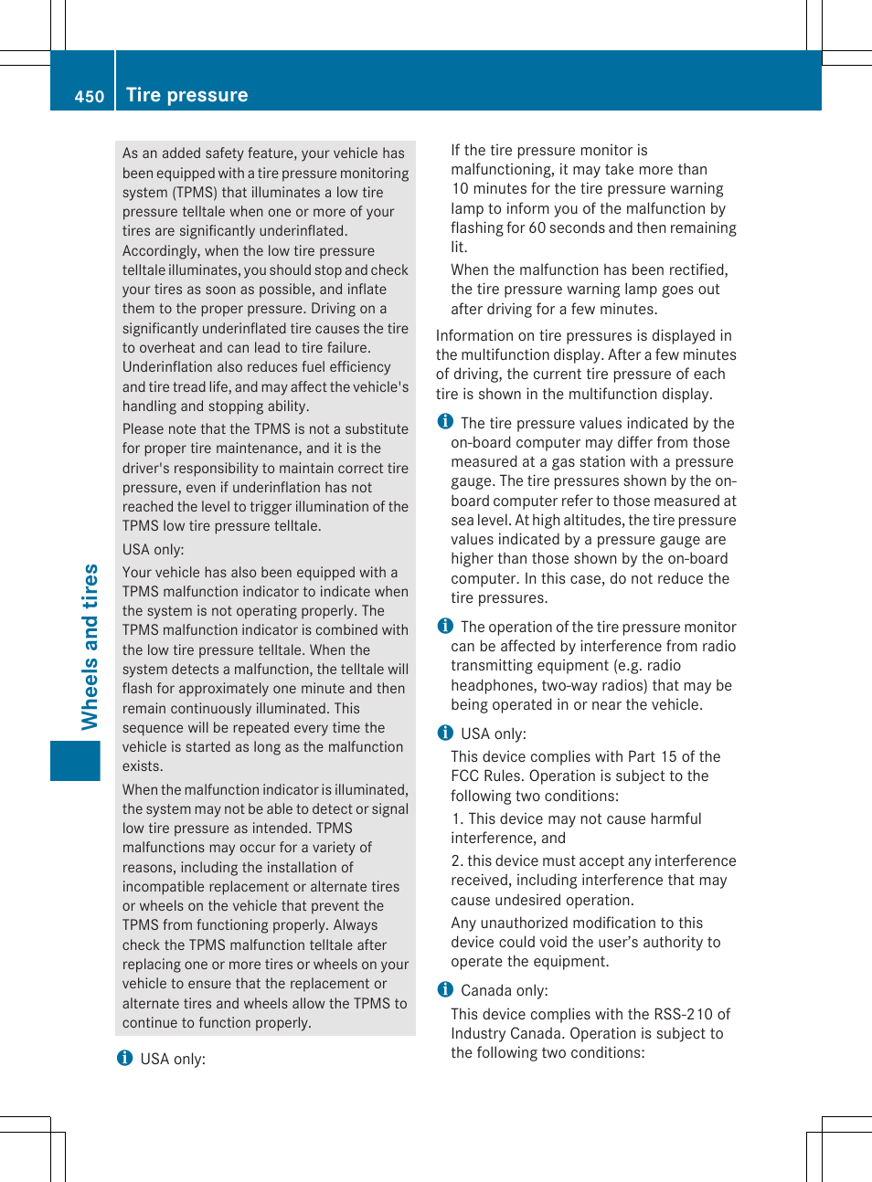 Wheels and tires, Tire pressure | Mercedes-Benz CL-Class 2012 User Manual | Page 452 / 488