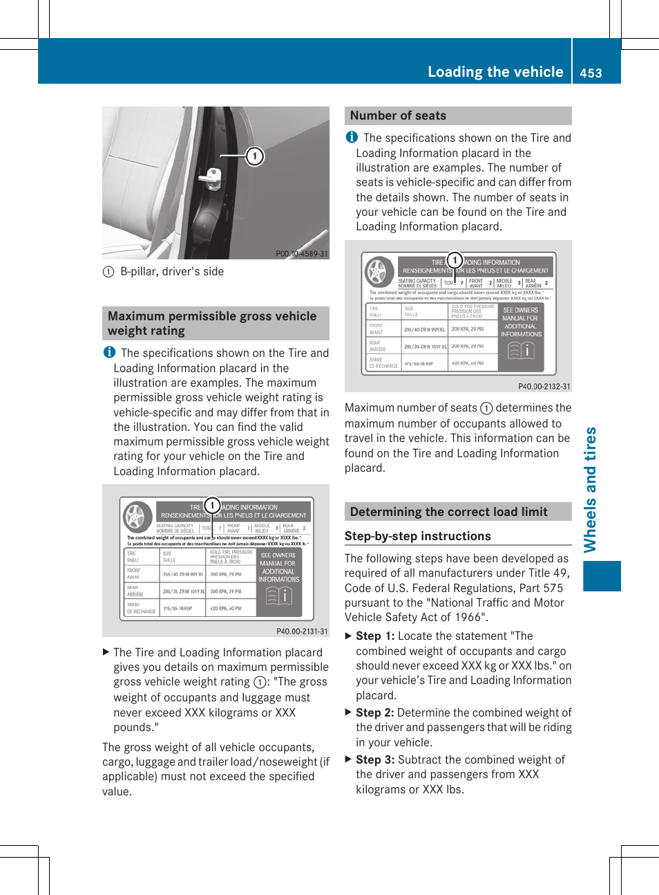 Maximum permissible gross vehicle weight rating, Number of seats, Determining the correct load limit | Wheels and tires, Loading the vehicle | Mercedes-Benz CL-Class 2012 User Manual | Page 455 / 488