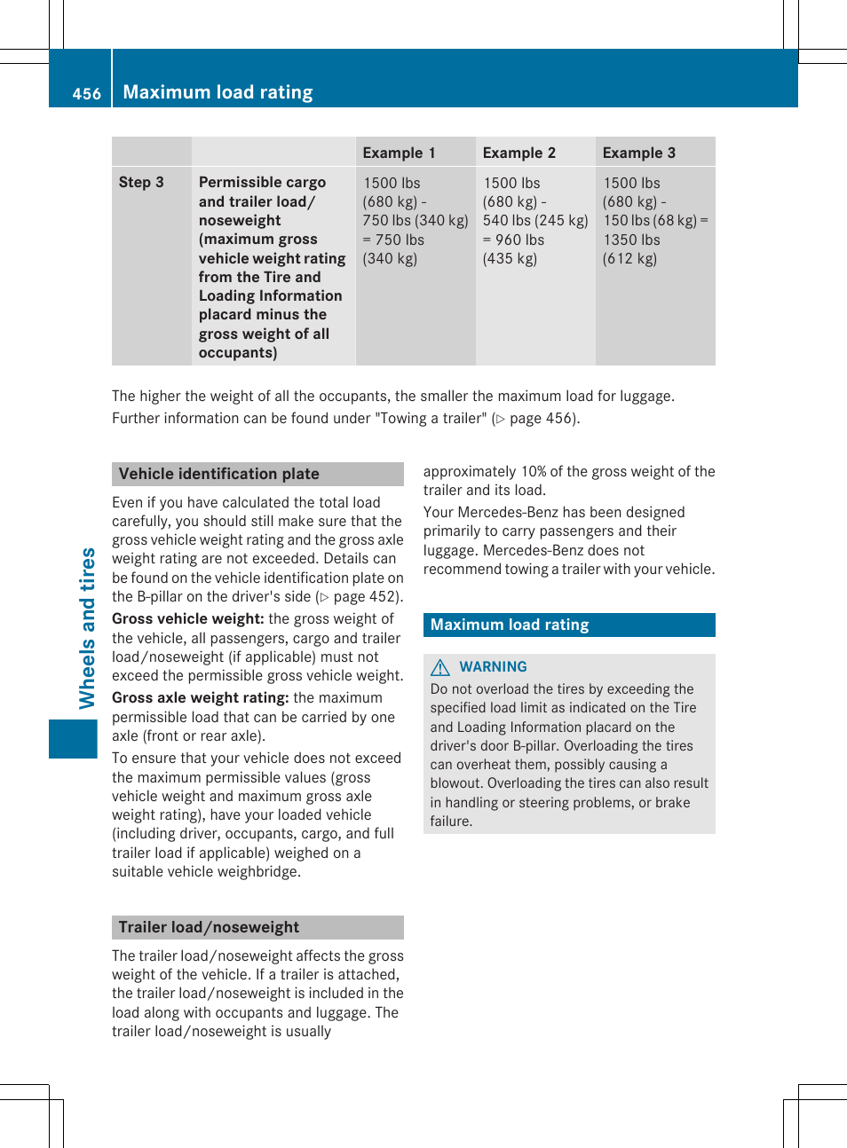 Vehicle identification plate, Trailer load/noseweight, Maximum load rating | Wheels and tires | Mercedes-Benz CL-Class 2012 User Manual | Page 458 / 488