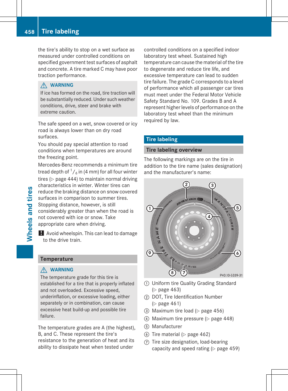 Temperature, Tire labeling, Tire labeling overview | Wheels and tires | Mercedes-Benz CL-Class 2012 User Manual | Page 460 / 488
