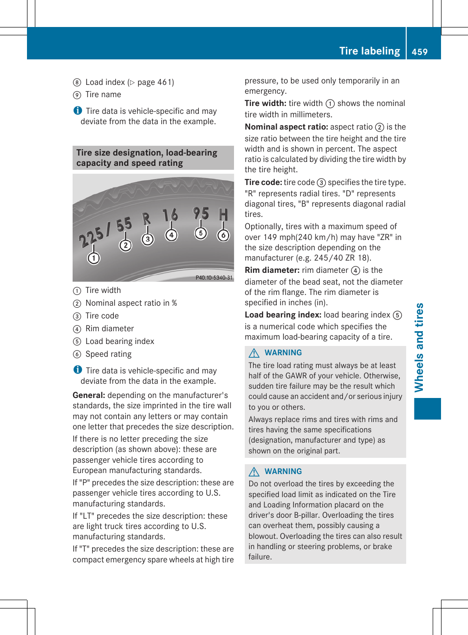 Capacity and speed rating, Wheels and tires, Tire labeling | Mercedes-Benz CL-Class 2012 User Manual | Page 461 / 488