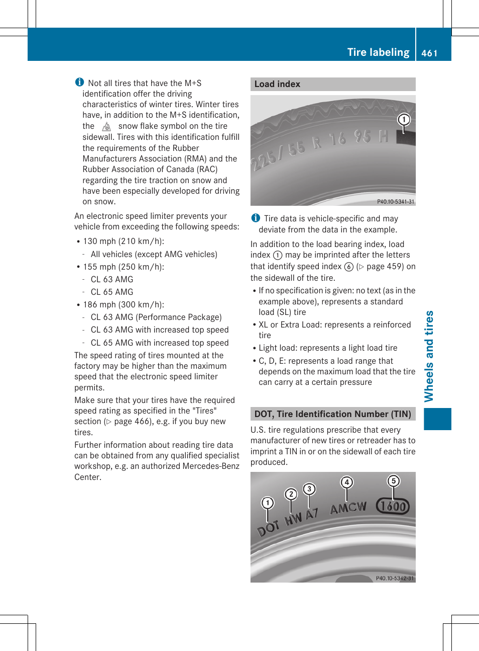 Load index, Dot, tire identification number (tin), Index, see load index | Wheels and tires, Tire labeling | Mercedes-Benz CL-Class 2012 User Manual | Page 463 / 488