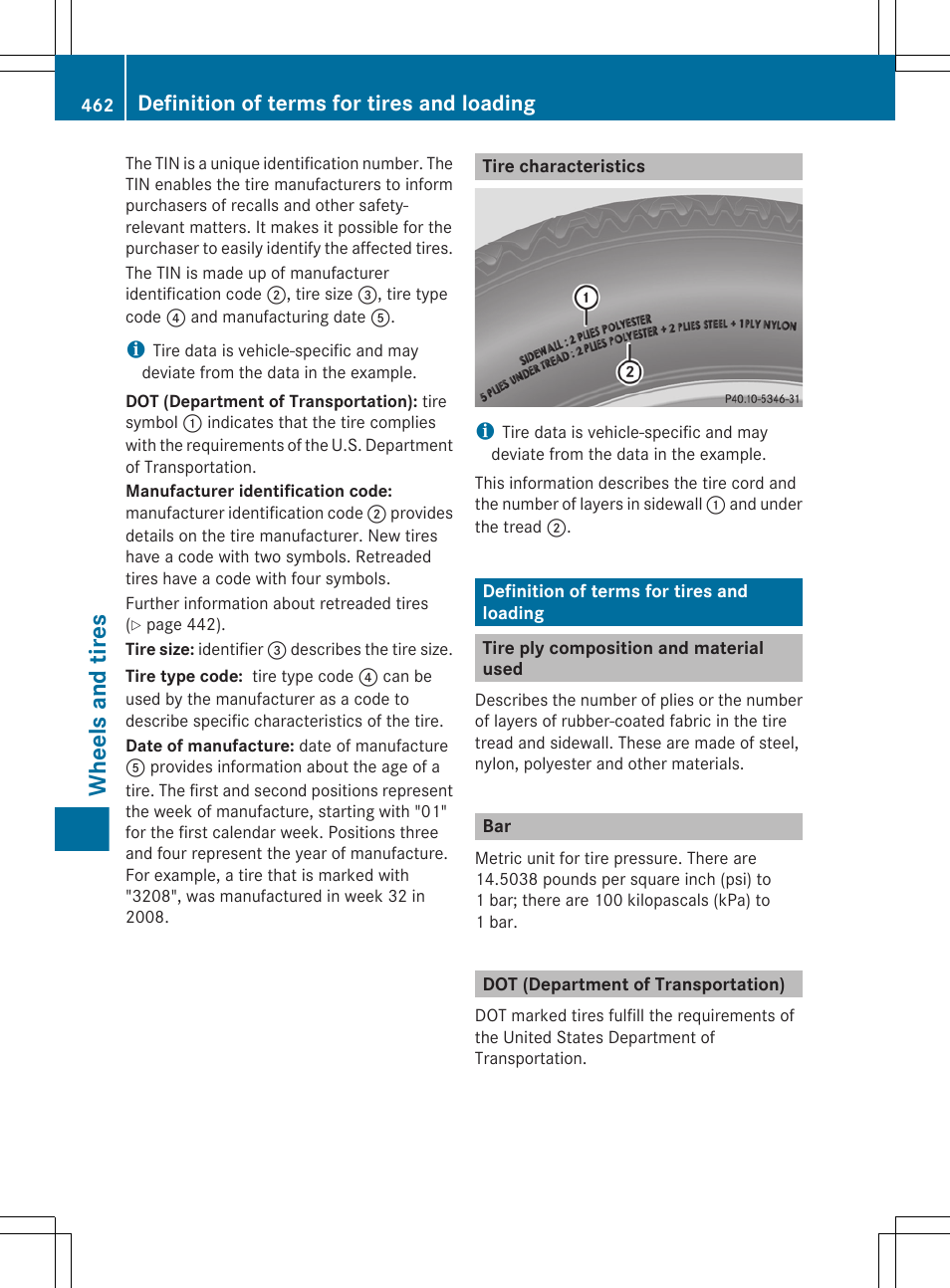 Tire characteristics, Definition of terms for tires and loading, Tire ply composition and material used | Dot (department of transportation), Wheels and tires | Mercedes-Benz CL-Class 2012 User Manual | Page 464 / 488