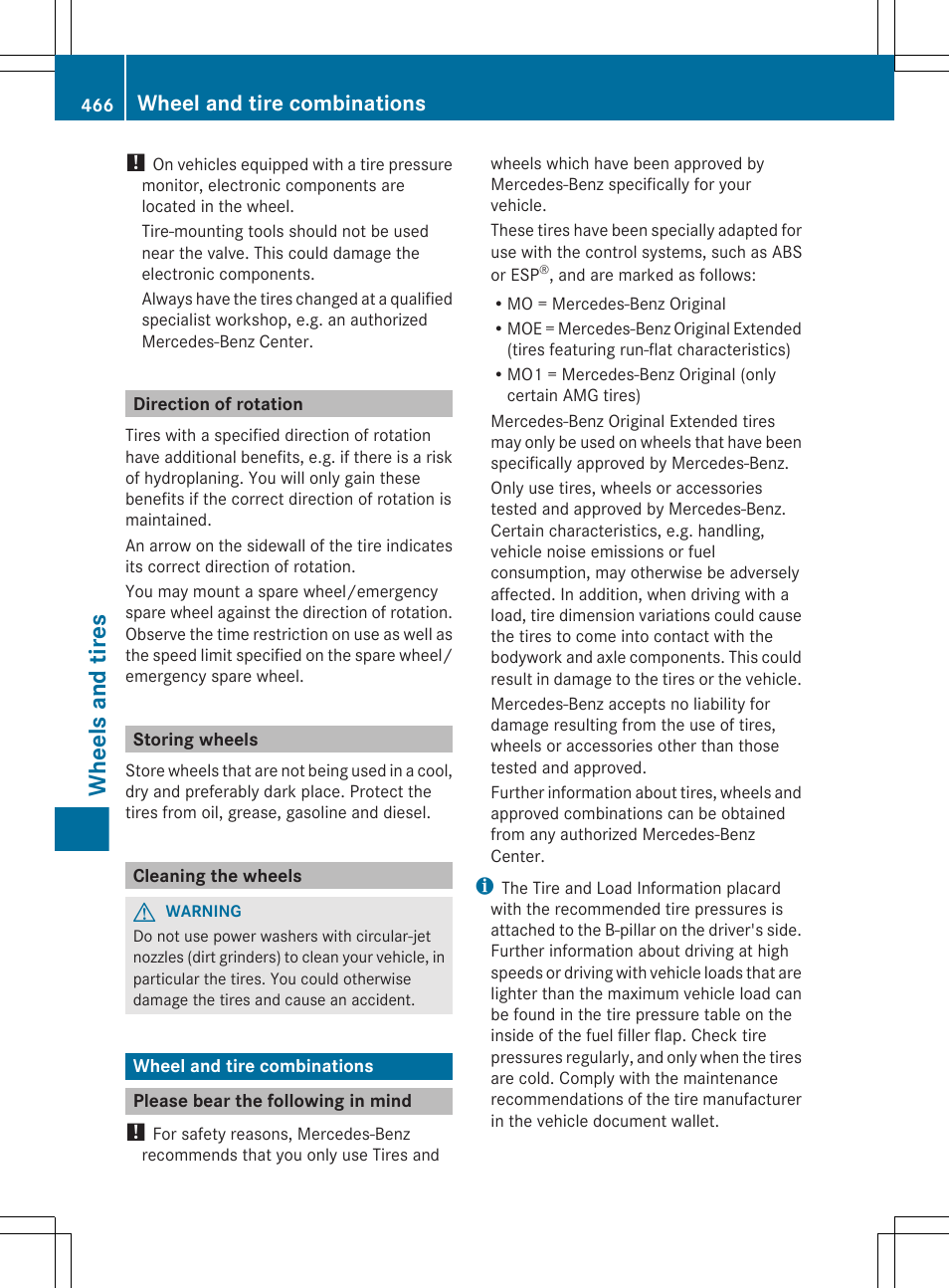 Direction of rotation, Storing wheels, Cleaning the wheels | Wheel and tire combinations, Please bear the following in mind, Section, Wheels and tires | Mercedes-Benz CL-Class 2012 User Manual | Page 468 / 488