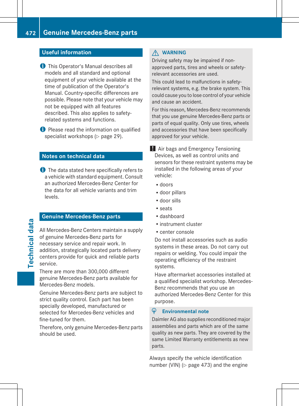 Technical data, Useful information, Notes on technical data | Genuine mercedes-benz parts | Mercedes-Benz CL-Class 2012 User Manual | Page 474 / 488