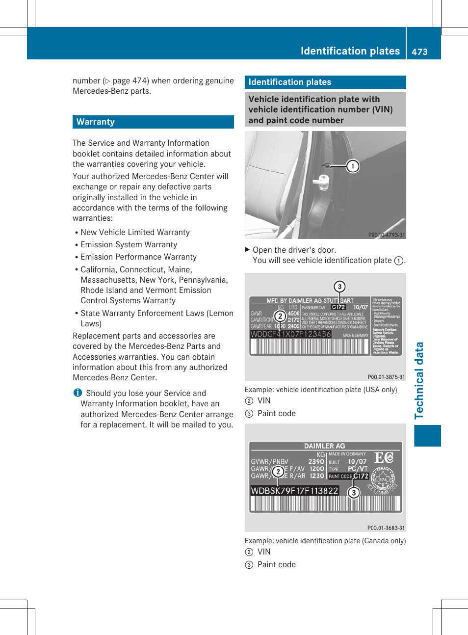 Warranty, Identification plates, Number (vin) | Technical data | Mercedes-Benz CL-Class 2012 User Manual | Page 475 / 488