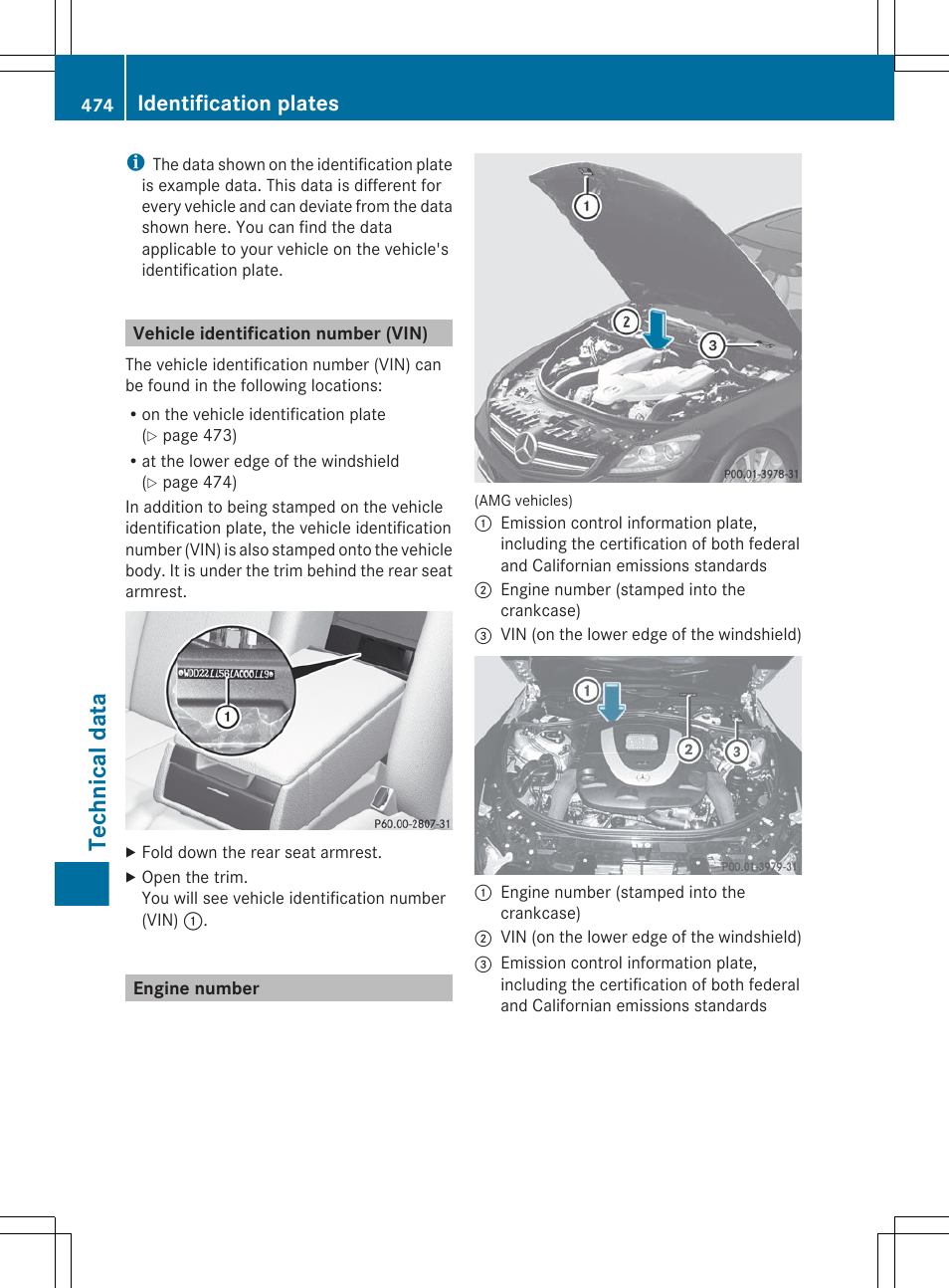 Vehicle identification number (vin), Engine number, Technical data | Identification plates | Mercedes-Benz CL-Class 2012 User Manual | Page 476 / 488