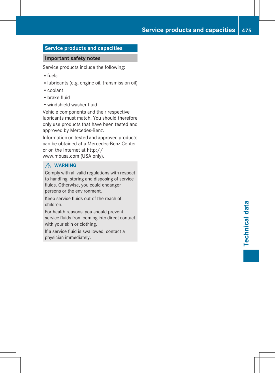 Service products and capacities, Important safety notes, Technical data | Mercedes-Benz CL-Class 2012 User Manual | Page 477 / 488