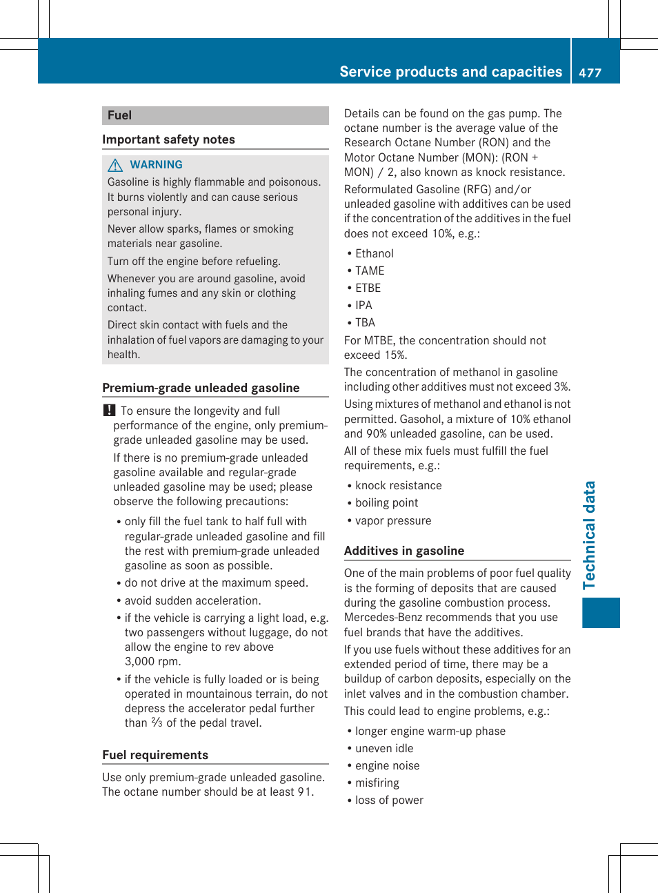 Fuel, Technical data, Service products and capacities | Mercedes-Benz CL-Class 2012 User Manual | Page 479 / 488