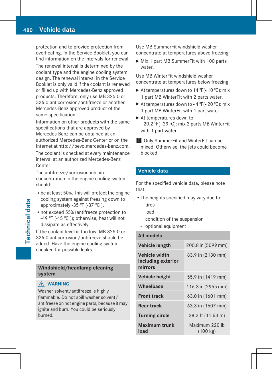 Windshield/headlamp cleaning system, Vehicle data, The mixing ratio | Technical data | Mercedes-Benz CL-Class 2012 User Manual | Page 482 / 488