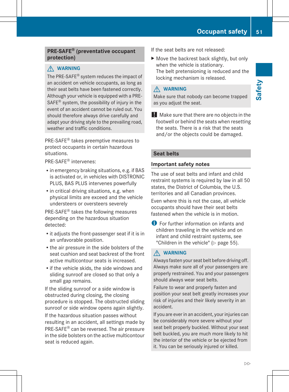 Pre-safe® (preventative occupant protection), Seat belts, Safety | Occupant safety | Mercedes-Benz CL-Class 2012 User Manual | Page 53 / 488