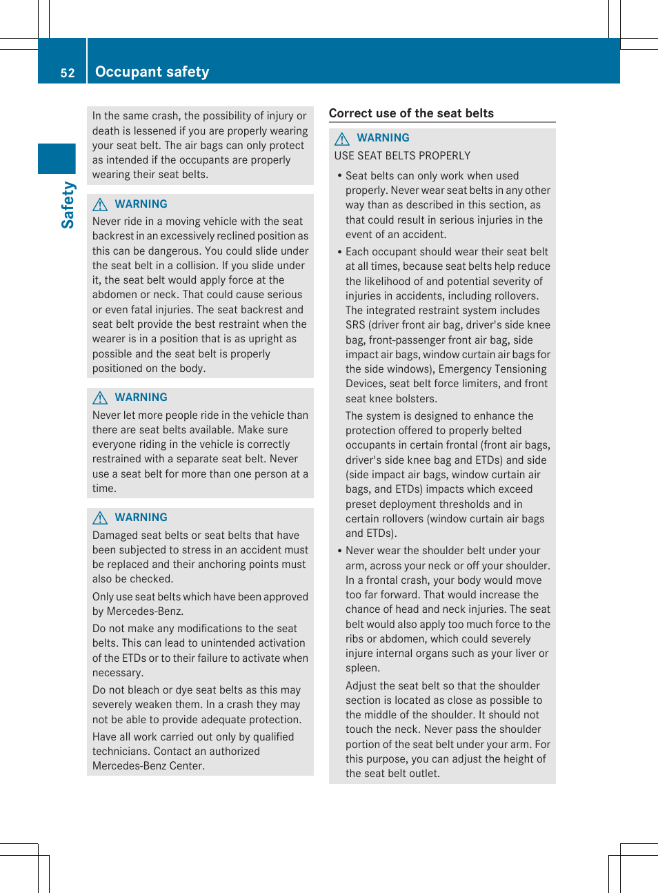Safety, Occupant safety | Mercedes-Benz CL-Class 2012 User Manual | Page 54 / 488