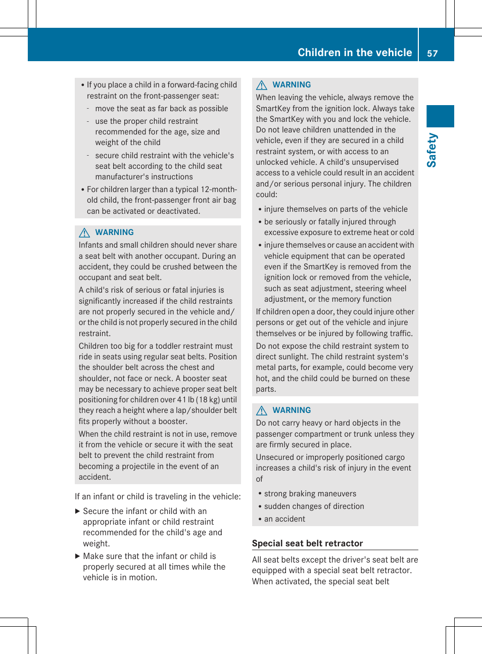 Seat belt retractors, see, Safety, Children in the vehicle | Mercedes-Benz CL-Class 2012 User Manual | Page 59 / 488