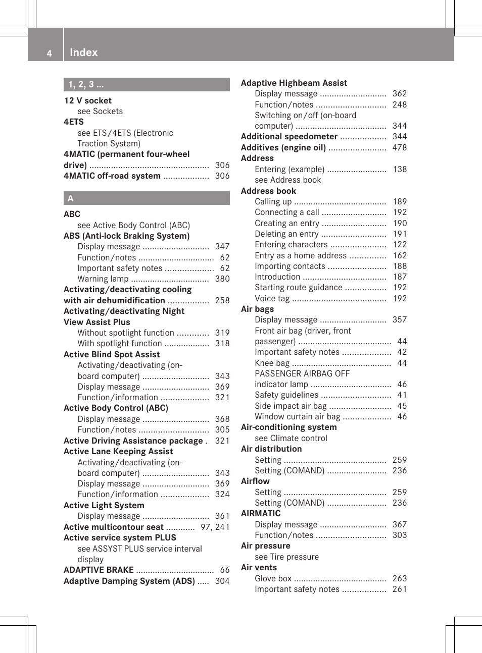 Index | Mercedes-Benz CL-Class 2012 User Manual | Page 6 / 488