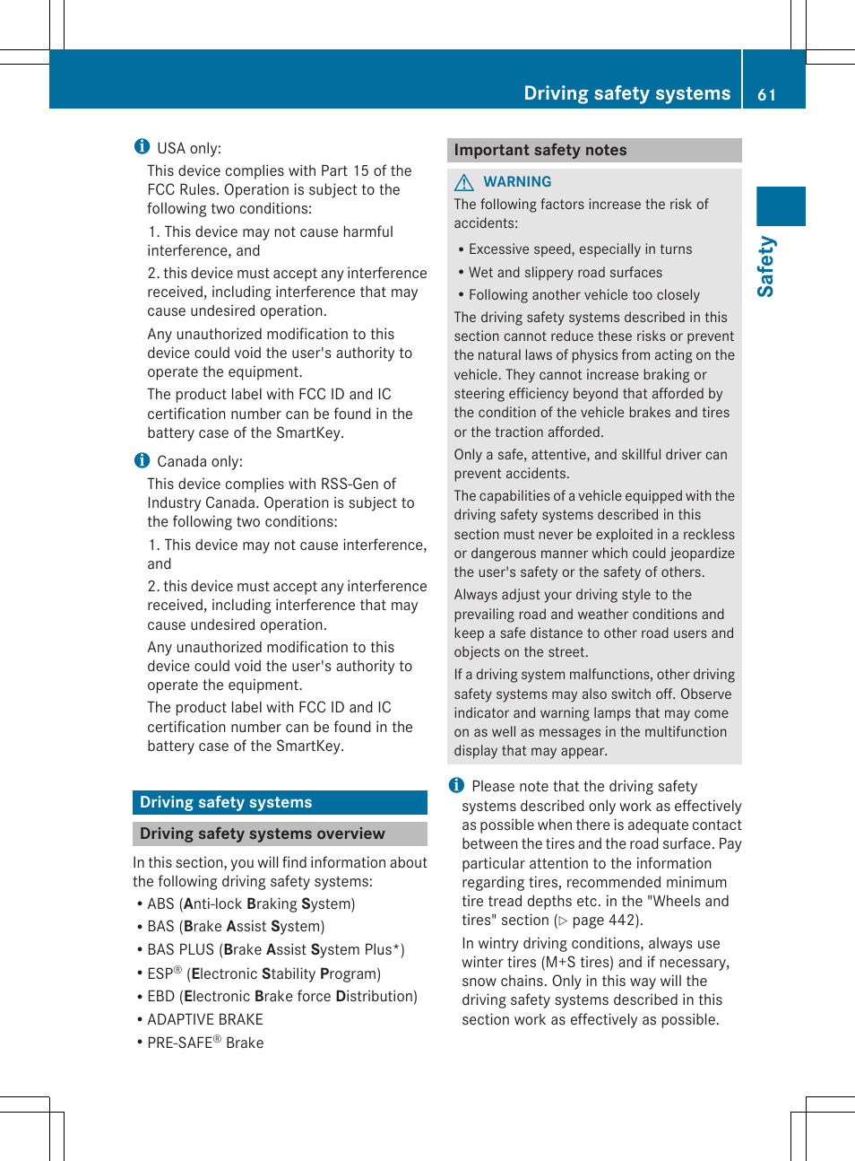 Driving safety systems, Driving safety systems overview, Important safety notes | Safety | Mercedes-Benz CL-Class 2012 User Manual | Page 63 / 488