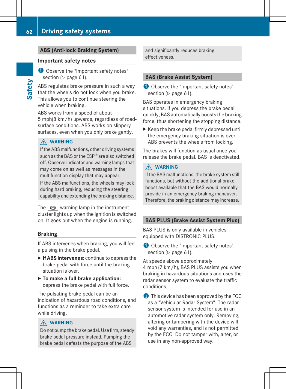 Abs (anti-lock braking system), Bas (brake assist system), Bas plus (brake assist system plus) | Safety, Driving safety systems | Mercedes-Benz CL-Class 2012 User Manual | Page 64 / 488
